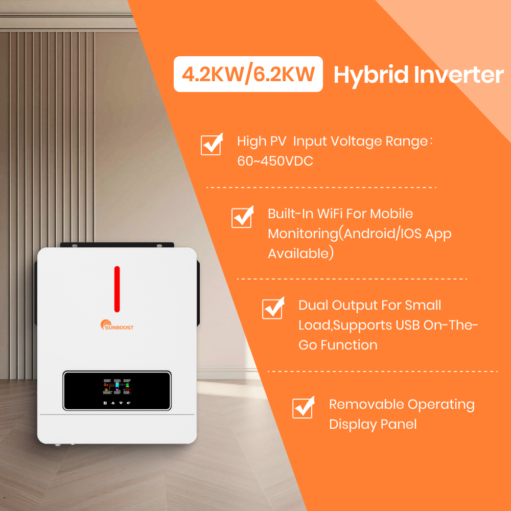 Sunboost 4.2KW 6.2KW Hybrid Solar 220V 230V 240V Output Inverter MPPT Controller On Off Grid Hybrid Power Home Solar Inverter Residential