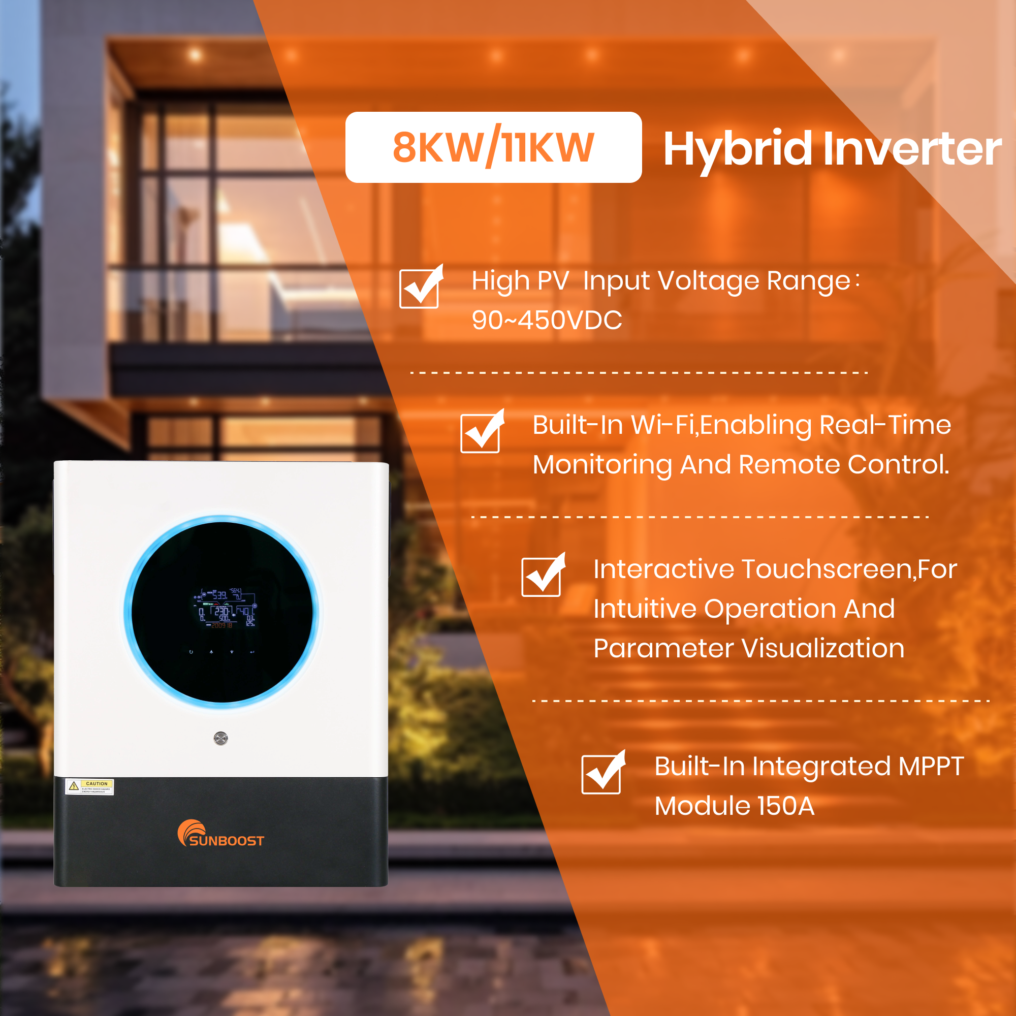 Sunboost 8KW 11KW Hybrid Solar Power Inverter Parallel 6pcs Inverter Built-In Wifi Large Color Lcd Touch Screen Solar Inverter