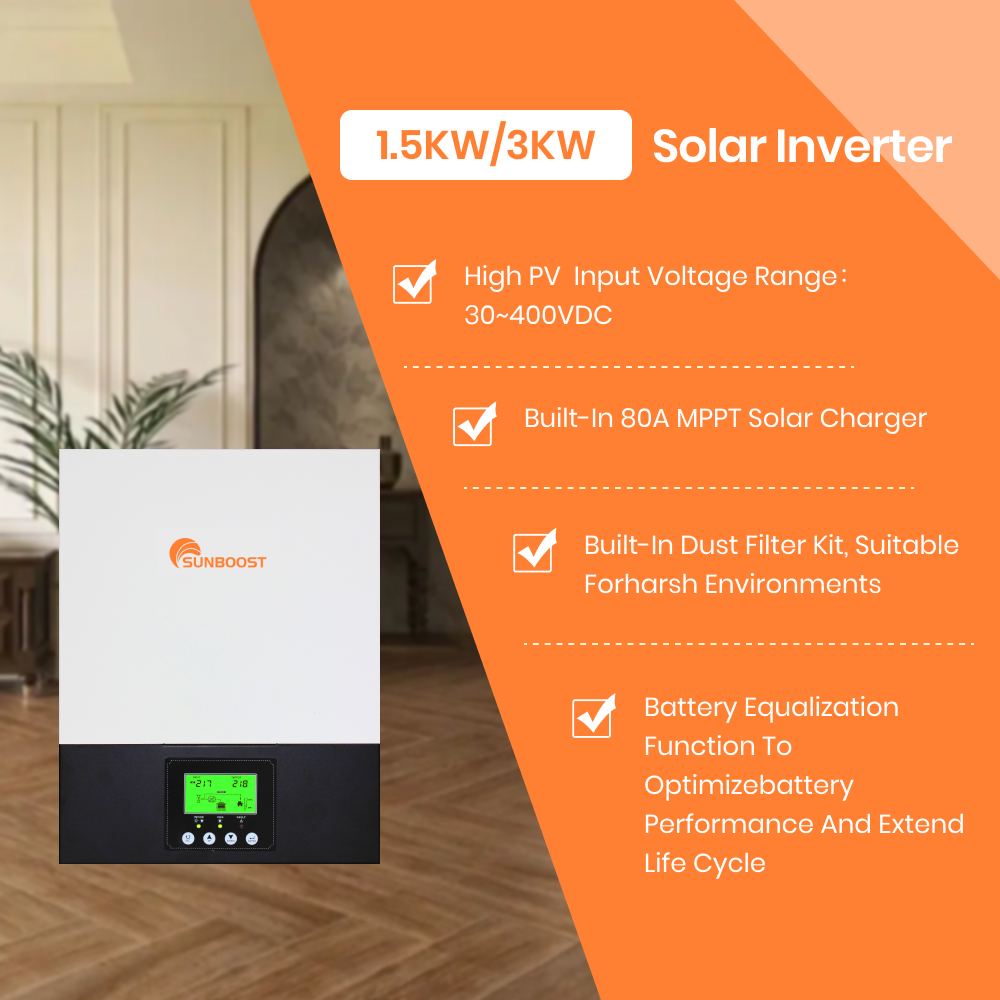 Sunboost 1.5KW 3KW Hybrid On Off Grid Solar Inverter 1500W 3000W MPPT 12V 24V String Pure Sine Wave Single 230VAC 240V Inverter