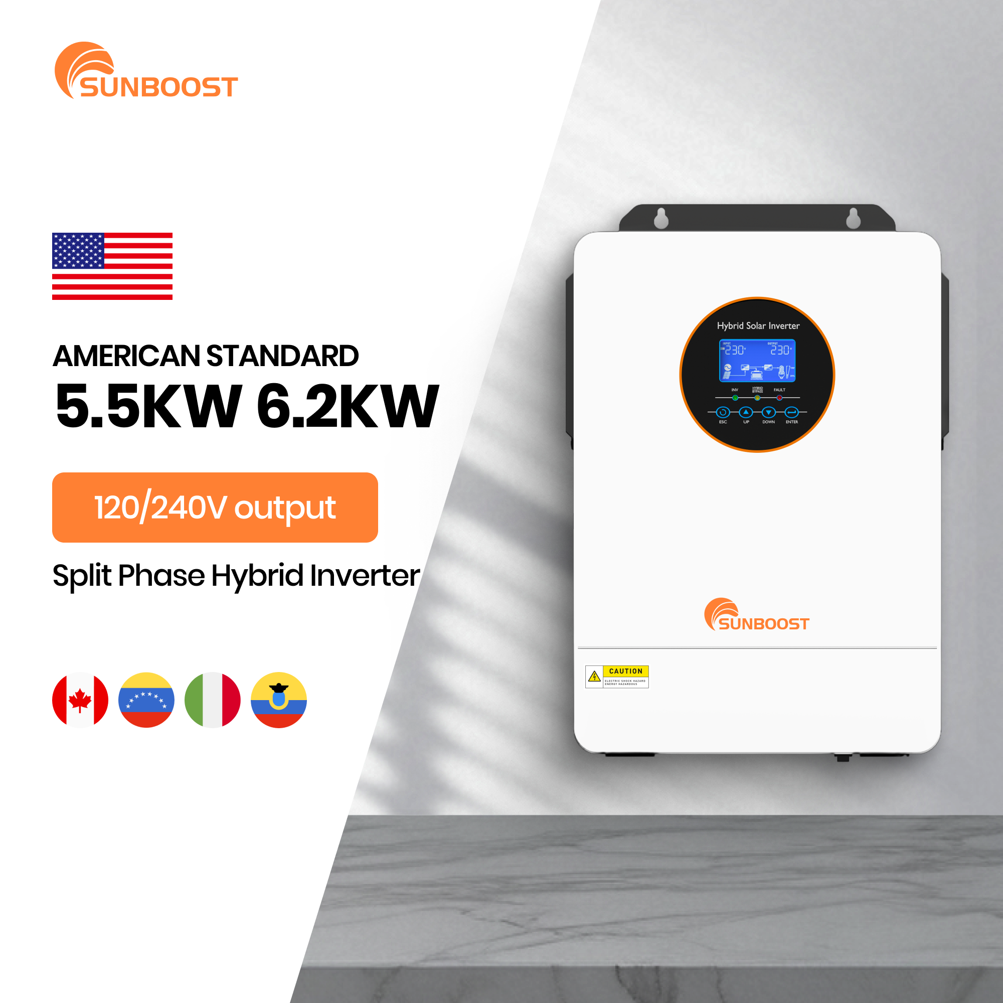 Sunboost 3.6KW 5.5KW 6.2KW Split Phase Inverter 120V 240V Hybrid Solar Power Inverter US Version for Home Use MPPT Solar Charger